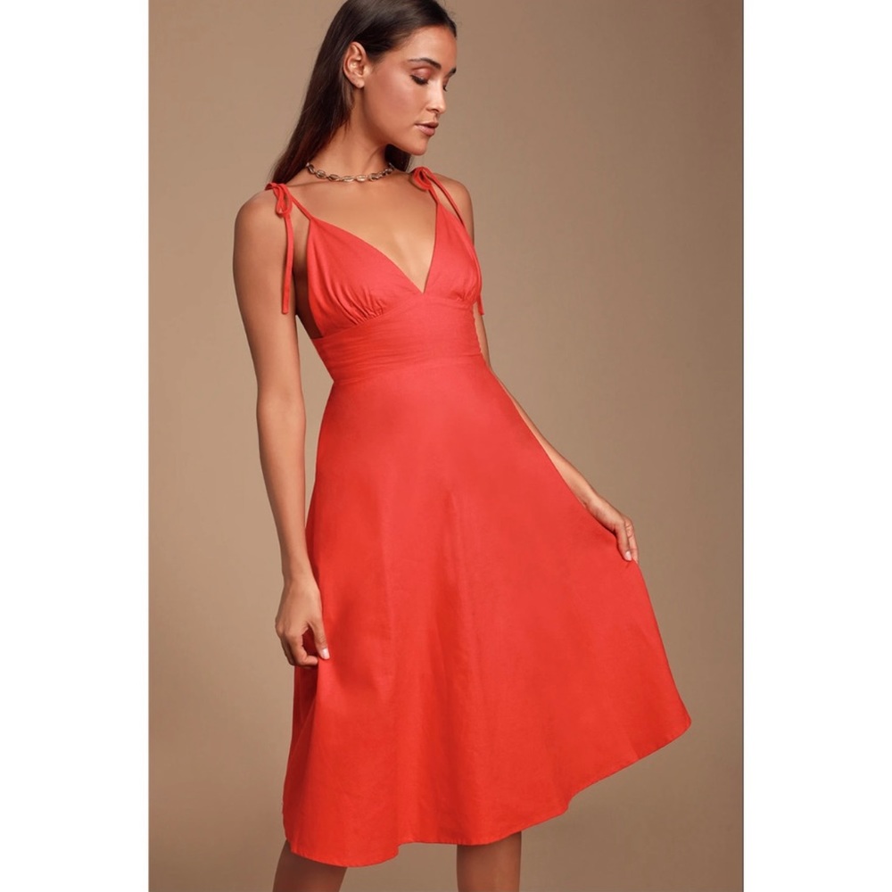 Lulu's Red Midi Skater Dress Linen Sun Dress Large